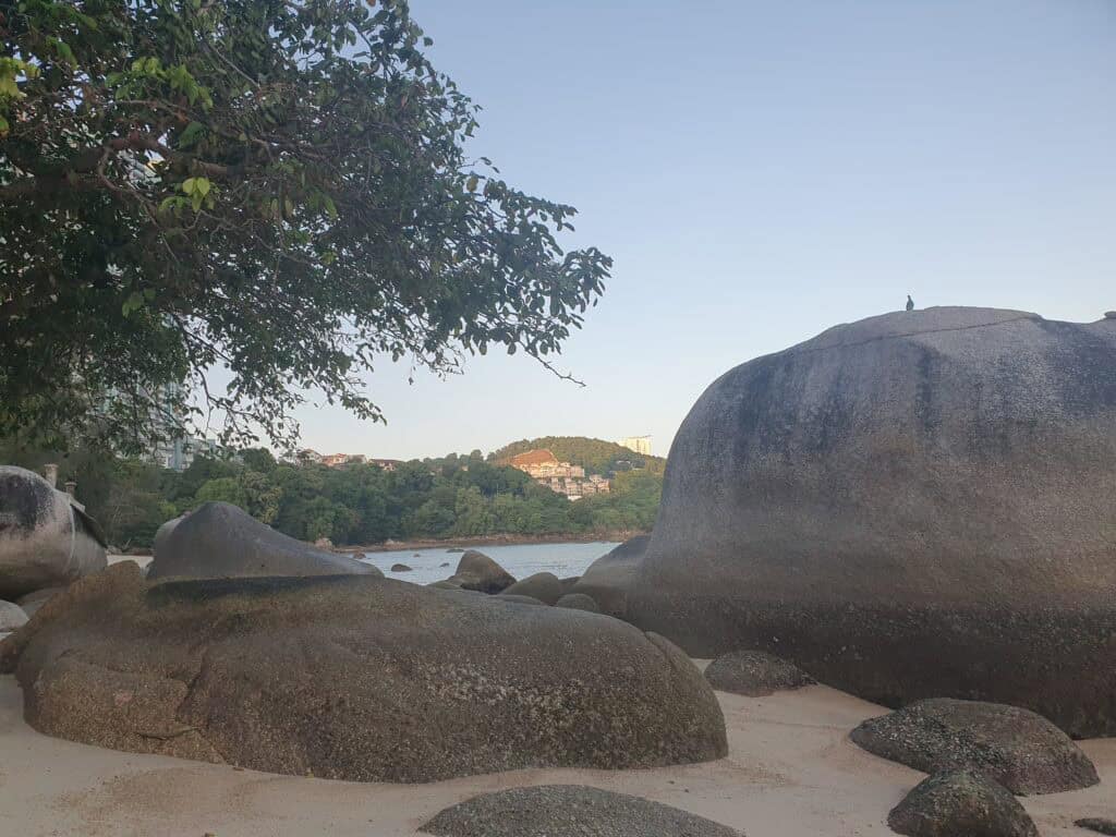 A coastal scene with massive smooth boulders in the foreground, leafy trees, and distant buildings nestled on the hillside overlooking the sea.