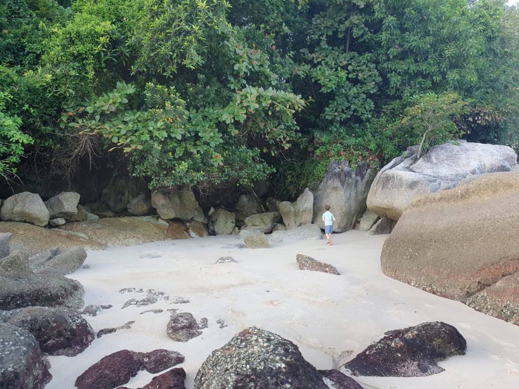 A sandy beach in Penang with scattered large boulders and lush green foliage in the background, with a child exploring near the rocks.