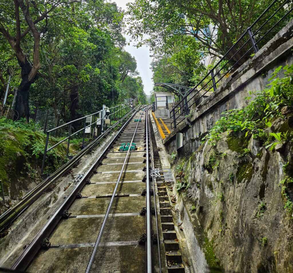 A steep incline of the Peak Tram tracks flanked by dense greenery and stone retaining walls, showing the dramatic slope and urban jungle environment of the tram route.