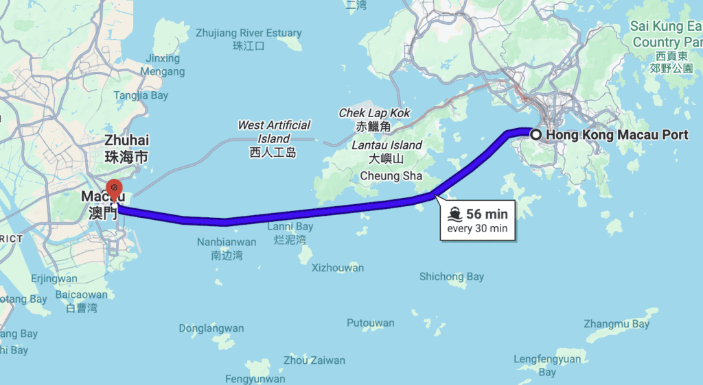 Map showing the ferry route between Hong Kong Macau Port and Macau, with a highlighted travel time of 56 minutes and service every 30 minutes. This visual helps illustrate a convenient transit option when planning a multi-city itinerary through Hong Kong and Macau.