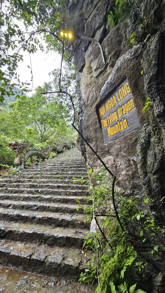 Stone staircase climbs beside a cliffside sign reading "The Lying Dragon Mountain" in Ninh Binh. Dragon shaped railings wind upward through lush greenery after the rain.
