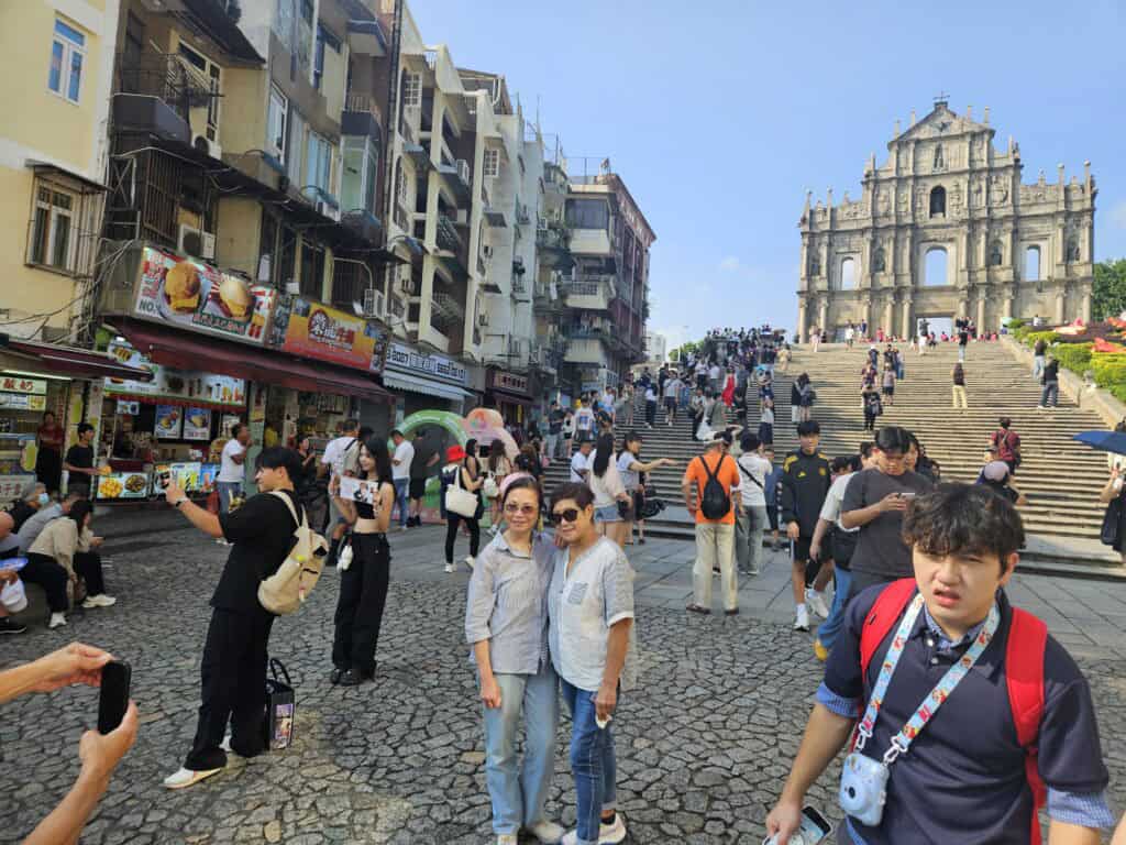 Crowds gathered at the Ruins of St Paul’s in Macau on a sunny afternoon.