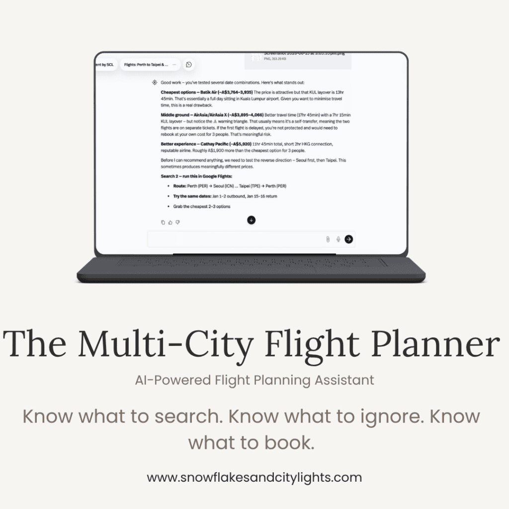 Sales image for The multi city flight planner gpt. Image of a laptop with mockup of the GPT working and the title underneath 